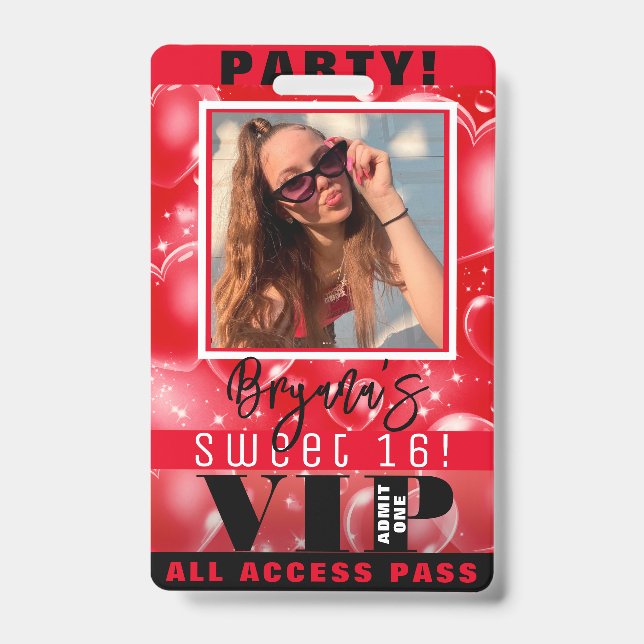 Badge Red Bubble Hearts Anniversaire de fête VIP Pass Ba (Front)