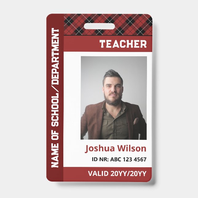 Badge Red Burgundy Plaid Photo ID École Enseignant (Avant)