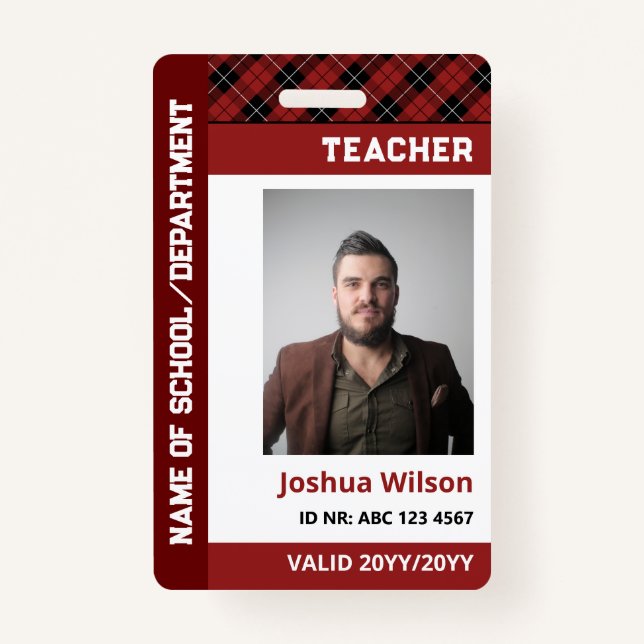 Badge Red Burgundy Plaid Photo ID École Enseignant (Devant)