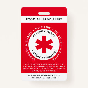 Badge Red Food Allergie Alerte ID enfant