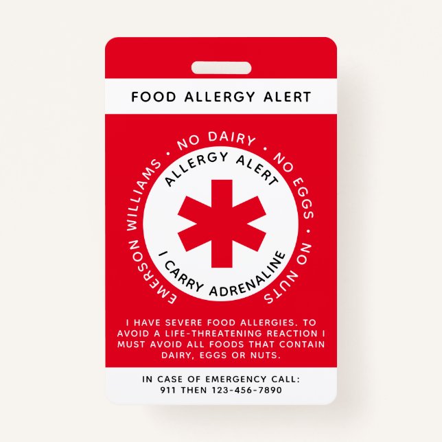 Badge Red Food Allergie Alerte ID enfant (Devant)