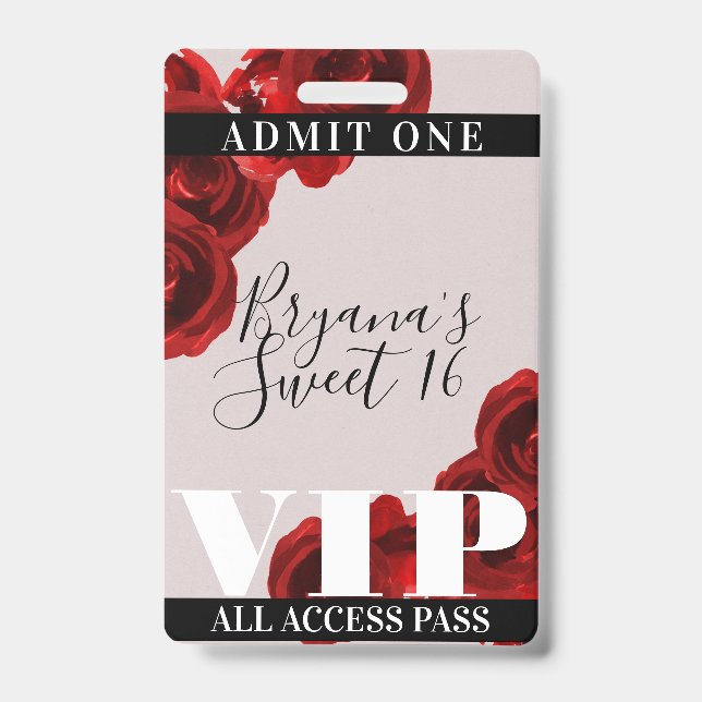 Badge Red Roses Rustic Chic Sweet 16 VIP Pass (Avant)