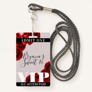 Badge Red Roses Rustic Chic Sweet 16 VIP Pass