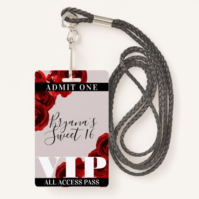 Badge Red Roses Rustic Chic Sweet 16 VIP Pass (Devant avec lanière)