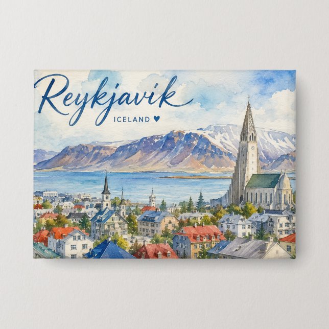Badge Reykjavik Islande souvenir aquarelle  (Recto)