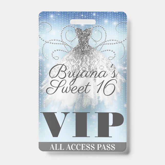 Badge Robe argentée pailletée gris-bleu Sweet 16 VIP Pas (Avant)