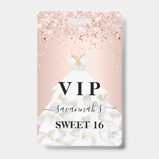 Badge Robe blanche rose pour Sweet 16 nom vip (Avant)