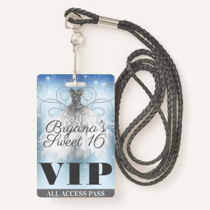 Badge Robe bleu gris argent étincelante Sweet 16 VIP Pas