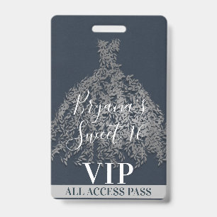 Badge Robe Feuilles Rustiques Argent Bleu Sweet 16 VIP P