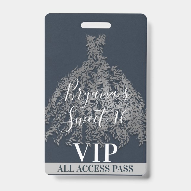 Badge Robe Feuilles Rustiques Argent Bleu Sweet 16 VIP P (Avant)