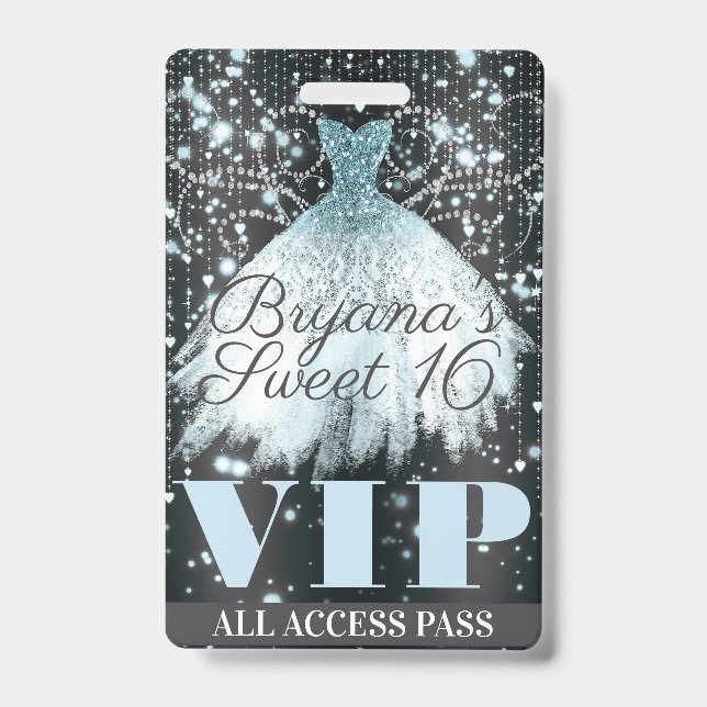 Badge Robe Pailletée Grise Bleue Sweet 16 Pass VIP (Avant)
