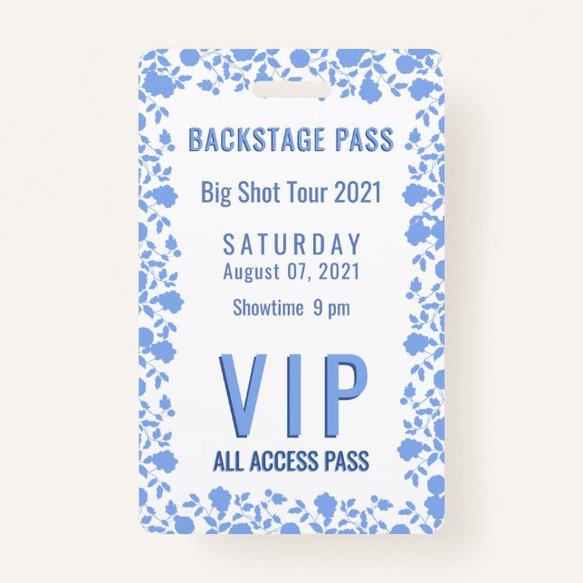 Badge Romantique Soft Plutôt Bleu Floral VIP Pass  (Devant)