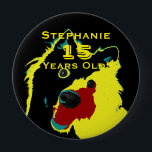 Badge Rond 10 Cm 15 Years Old, Happy Yellow Dog Button Pin<br><div class="desc">This pin is made with my original photograph/artwork of a happy yellow dog (Japanese Spitz). This unique pin is a great gift for someone who is 15 Years Old. They can wear it proudly at their 15th birthday party! It can be personalized, both name and number of years. Great fun...</div>