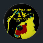 Badge Rond 10 Cm 15 Years Old, Happy Yellow Dog Button Pin<br><div class="desc">This pin is made with my original photograph/artwork of a happy yellow dog (Japanese Spitz). This unique pin is a great gift for someone who is 15 Years Old. They can wear it proudly at their 15th birthday party! It can be personalized, both name and number of years. Great fun...</div>
