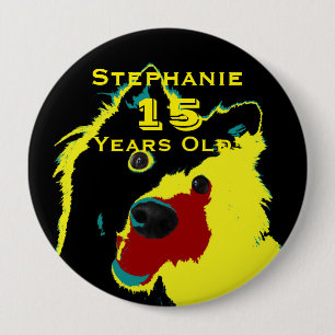 Badge Rond 10 Cm 15 Years Old, Happy Yellow Dog Button Pin