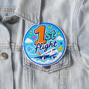 Badge Rond 10 Cm 1er vol avion coloré souvenir