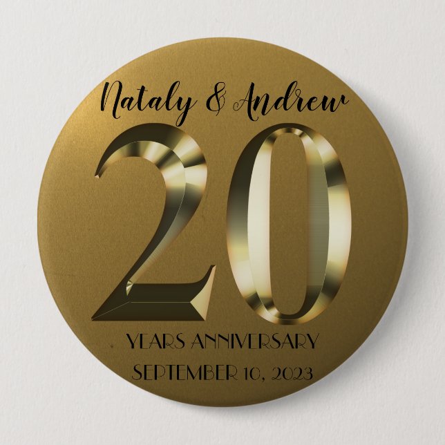 Badge Rond 10 Cm 20e anniversaire Mariage d'or métallique (Devant)
