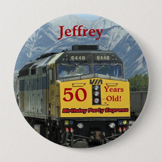 Badge Rond 10 Cm 50 ans, train ferroviaire Anniversaire Bouton Pin (Devant)
