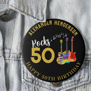 Badge Rond 10 Cm 50e anniversaire Nom Guitares Musique Rock 50
