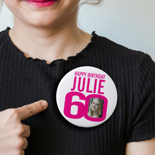 Badge Rond 10 Cm 60e joyeux anniversaire rose photo personnalisée e