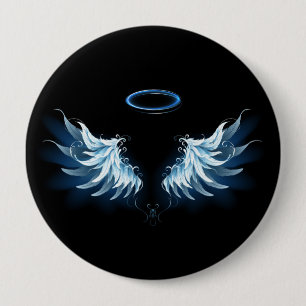 Badge Rond 10 Cm Ailes d'ange lumineuses bleues sur fond noir