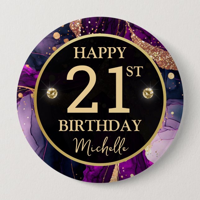 Badge Rond 10 Cm Anniversaire Agate Or Violet Glam (Devant)
