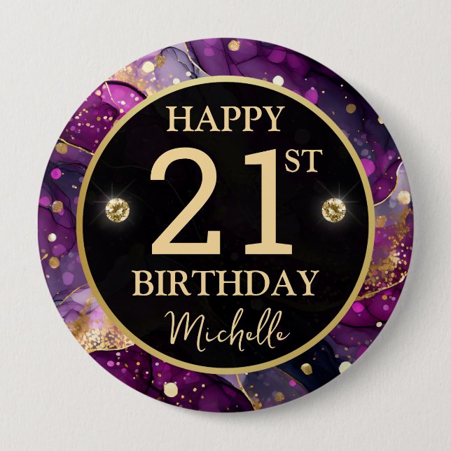 Badge Rond 10 Cm Anniversaire Agate Or Violet Glam (Devant)