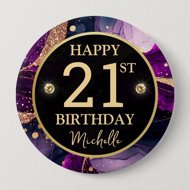 Badge Rond 10 Cm Anniversaire Agate Or Violet Glam (Devant)