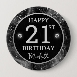 Badge Rond 10 Cm Anniversaire Argent Paillettes Marbre Noir Élégant