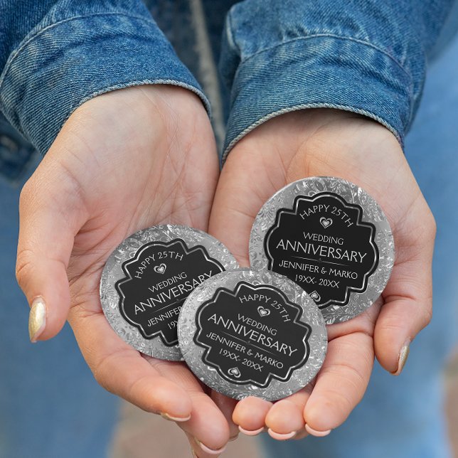 Badge Rond 10 Cm Anniversaires de Silver & Black 25th Wedding (Créateur téléchargé)