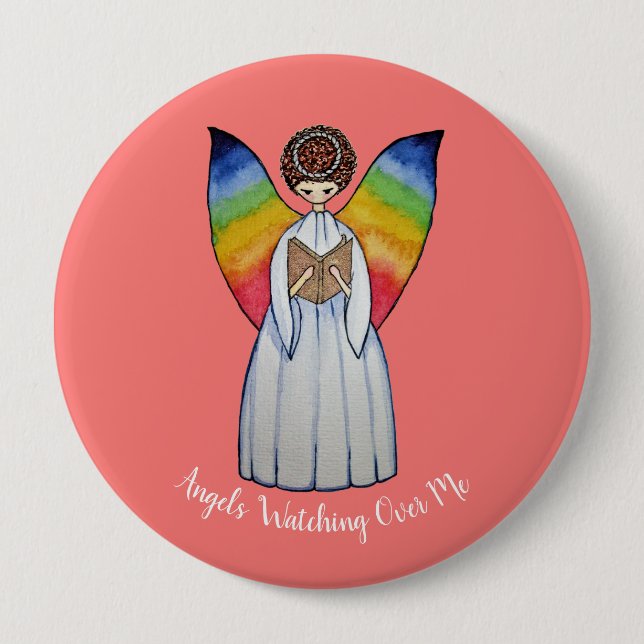 Badge Rond 10 Cm Aquarelle Angel Avec Arcs-En-Ciel Lire Un Livre (Devant)