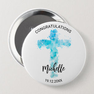 Badge Rond 10 Cm Aquarelle bleue Croix chrétienne Baptême