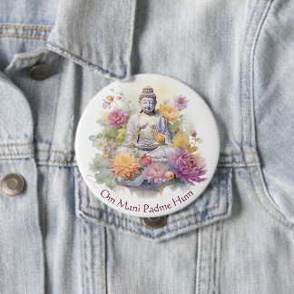 Badge Rond 10 Cm Aquarelle Serene Bouddha rose Fleurs Jaunes Art