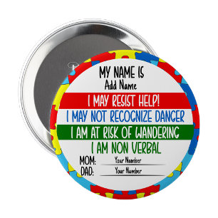 Badge Rond 10 Cm Autisme Alert Carte autistique non verbale