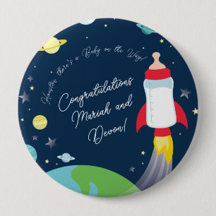 Badge Rond 10 Cm Baby shower Espace Extérieur Bouteille Fusée Navir
