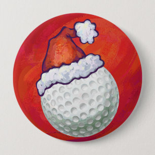 Badge Rond 10 Cm Bal de golf à Santa Hat sur Red