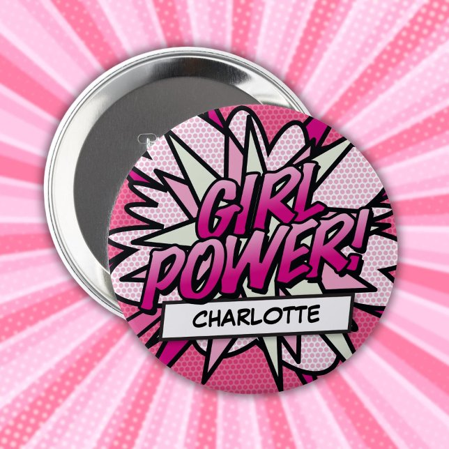 Badge Rond 10 Cm Bande dessinée rose GIRL POWER personnalisée (Personalized GIRL POWER Comic Book Pink Button)