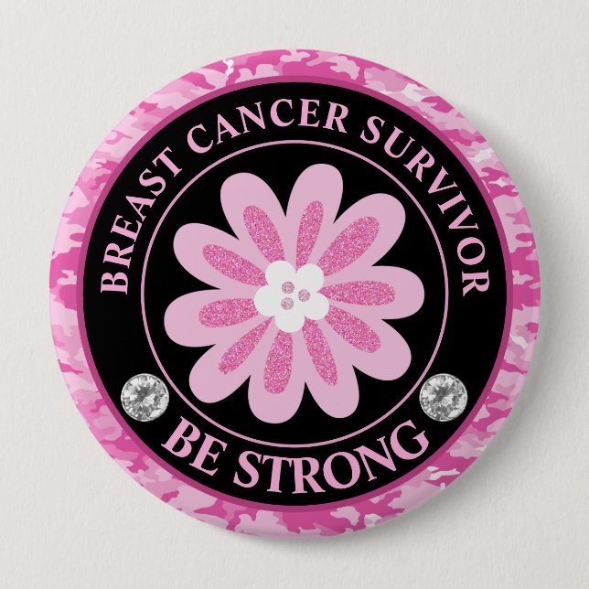 Badge Rond 10 Cm Be Strong Pink Flower Awareness Design (Devant)