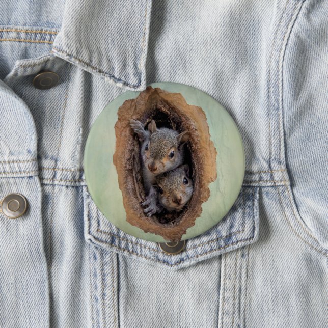 Badge Rond 10 Cm Bébé écureuils gris Noël (En situation)