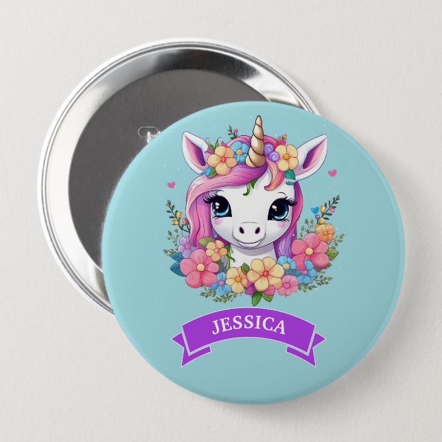 Badge Rond 10 Cm Bébé magique licorne avec fleurs (Devant & derrière)