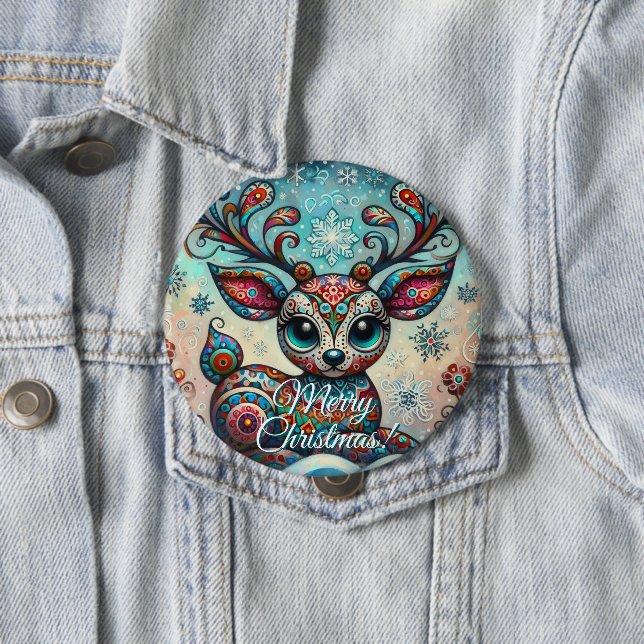 Badge Rond 10 Cm Big Eye Christmas Reindeer Folk Art Personalized (En situation)
