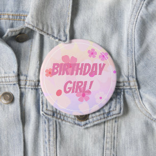 Badge Rond 10 Cm Birthday Girl Pink Flower Power