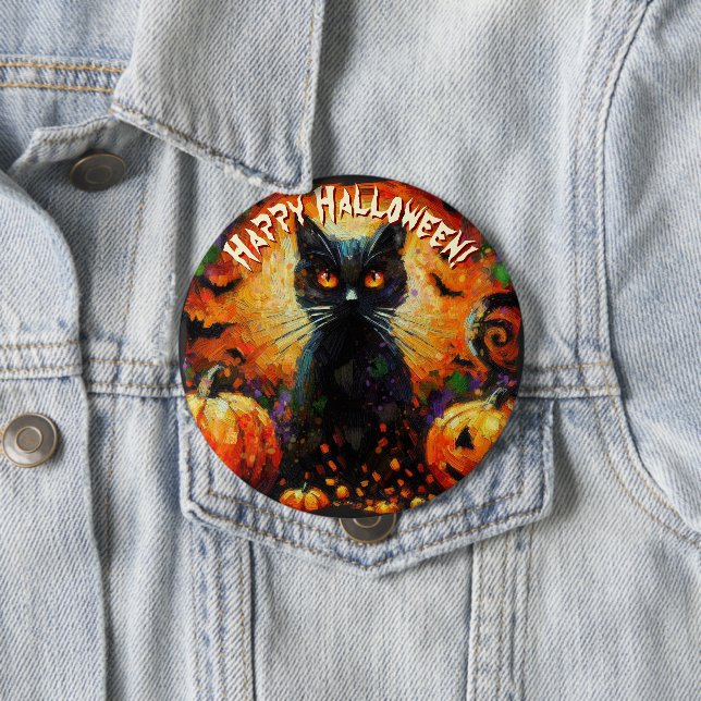 Badge Rond 10 Cm Black Cat Bats Pumpkins Whimsical Personalized (En situation)