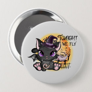 Badge Rond 10 Cm Black Witch Cat   Halloween Cat