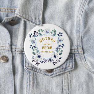 Badge Rond 10 Cm Bleu de Nuit Fleur Aquarelle Mère de la Mariée
