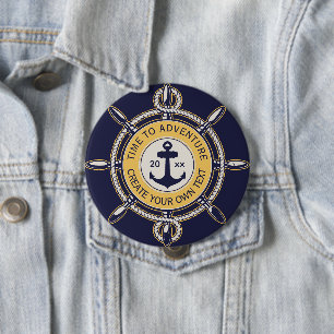 Badge Rond 10 Cm Bleu marine Ancre nautique et aventure de la roue 