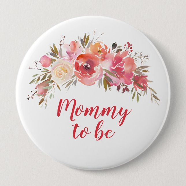 Badge Rond 10 Cm Boho Peach Floral Mommy to be 4" (Devant)