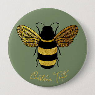 BADGE ROND 10 CM BOMBÉE NOIRE JAUNE BRILLANTE EN BOIS NOIR BEE TEXT