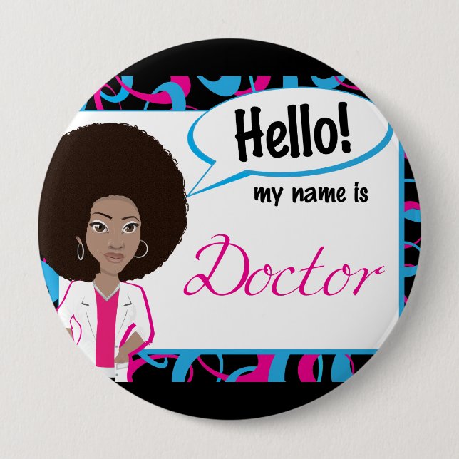 Badge Rond 10 Cm Bonjour étiquette nommée - Dr. Afro (Devant)