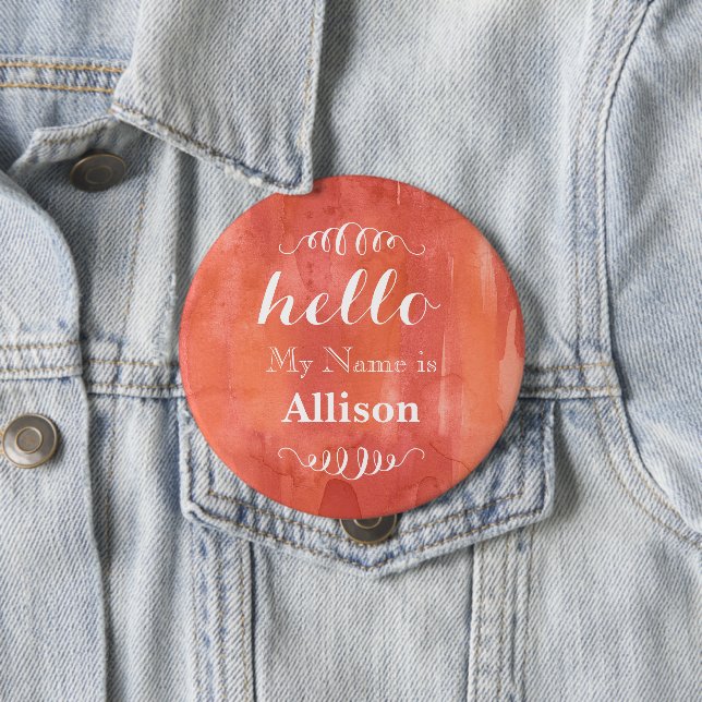 Badge Rond 10 Cm Bonjour Mon nom est Personnalisé Coral Aquarelle (En situation)